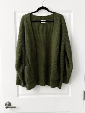 Olive Green Open Front Cardigan Sweater With Pockets Size 2XL